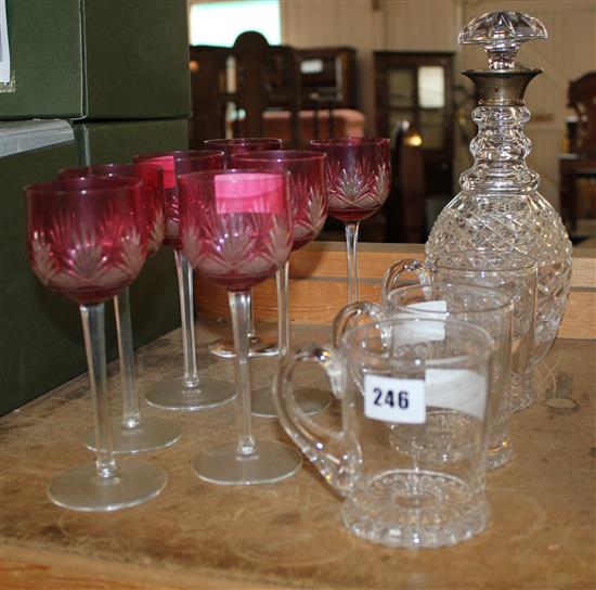 Set of 7 hock glasses, 3 Elizabeth II mugs and decanter